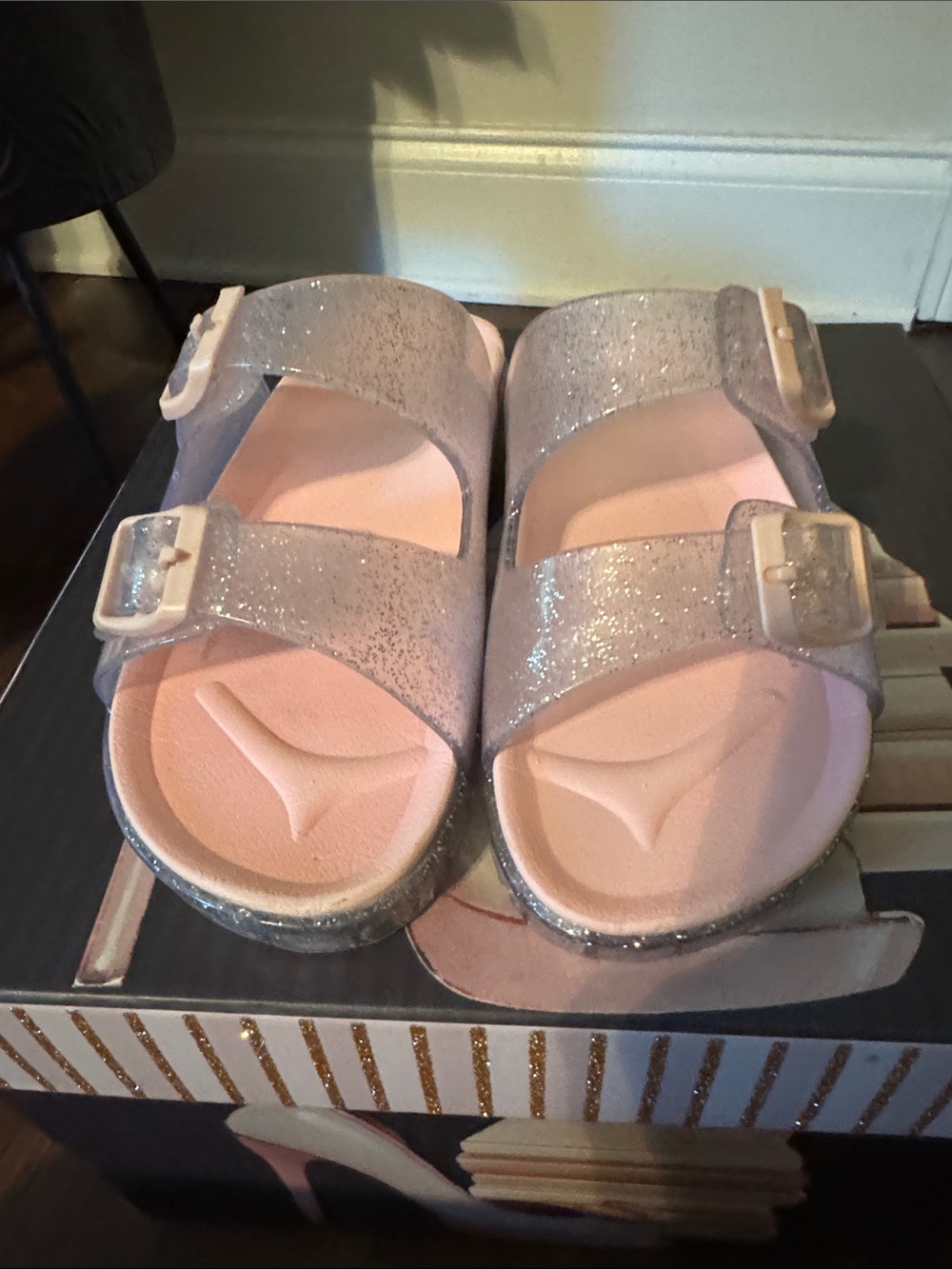 Girls Glitter Double-Buckle Slide Sandals in Light Pink